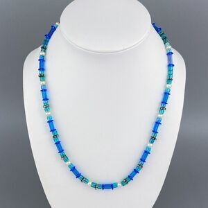 Vintage Women's Sterling Silver 925 Blue Glass White Pearl Beaded Necklace 19"